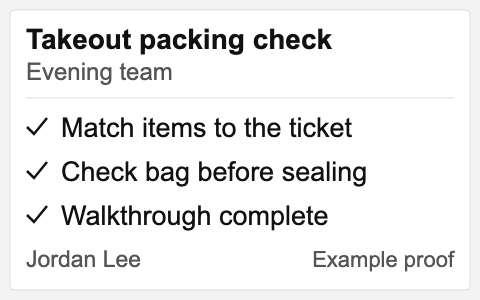 Sample proof photo: a takeout packing check sheet with every step ticked.