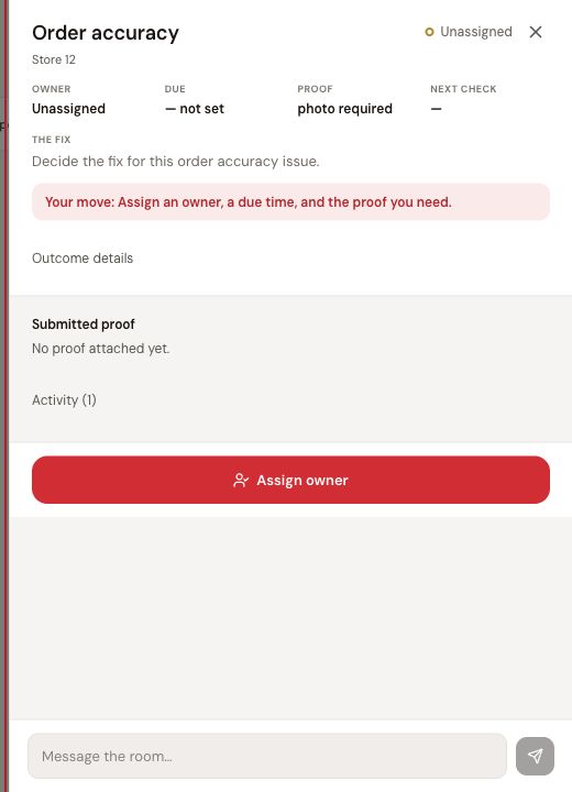 Actual Replio Action Room showing the fictional Store 12 order-accuracy issue before an owner is assigned.