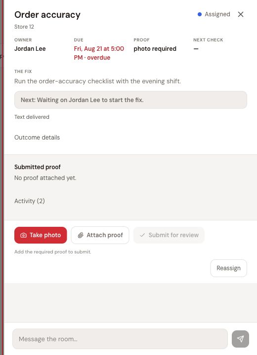Actual Replio Action Room showing Jordan Lee assigned to the fictional order-accuracy follow-up, with a due time and evidence requirement.