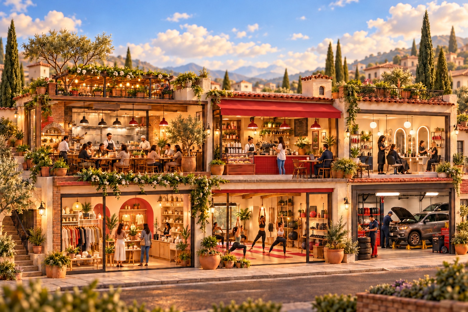 A sunlit neighborhood cutaway with a restaurant, coffee shop, salon, clothing store, fitness studio, and auto shop, each alive with people.