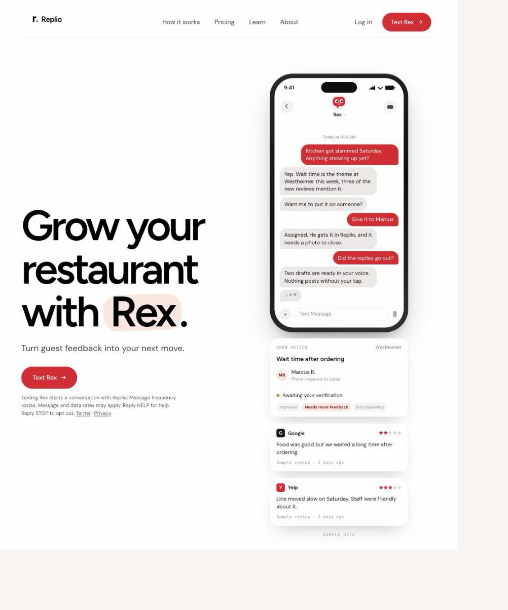 The Text Rex button on repliohq.com with the messaging notice beneath it
